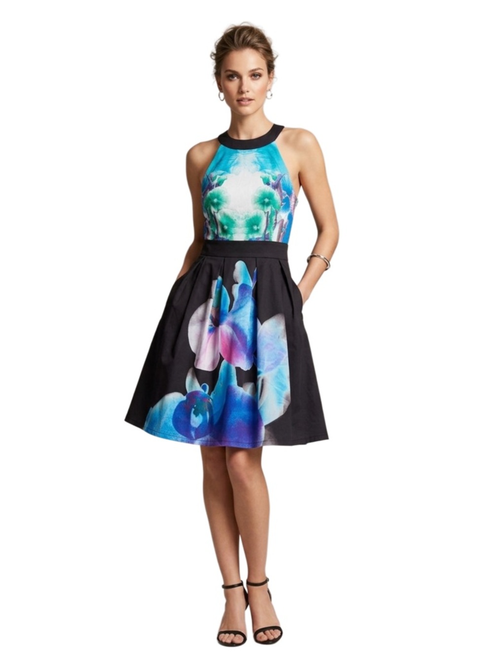 Sparkle & Fade Floral Fit-and-Flare Halter Dress